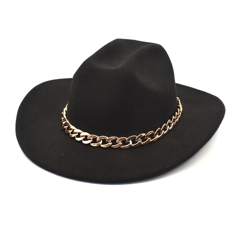 Cappello Fedora Feltro Di Lana Tesa Larga Decorazione Catena Dorata Stile Jazz Elegante Cowboy Occidentale Unisex Moda Esterno