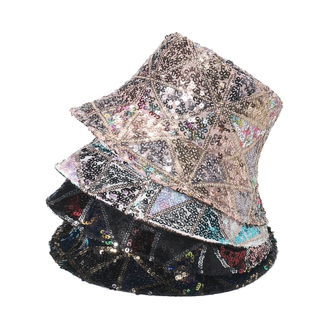 Sequin Bucket Hat Shiny Geometric Pattern Polyester Hip Hop Party Festival Streetwear Retro Sun Hat For Men Women