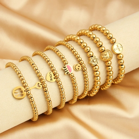 Bracciale Perline Acciaio Inossidabile Placcato Oro Con Ciondoli Cuore Croce Sorriso Elastico Estensibile Gioielli Uomo Donna