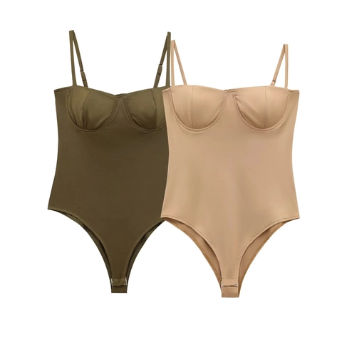 Women Bodysuit Satin Texture Adjustable Spaghetti Straps Underwire Cups Polyester Spandex Slim Fit Sleek One Piece Top