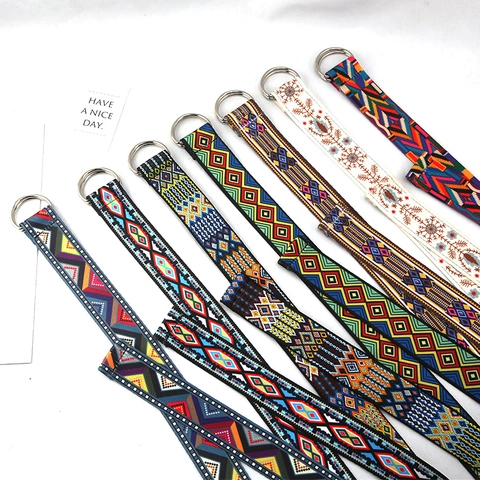 Cinturón De Lona Estampado De Estilo Étnico Con Hebilla De Doble Anillo En D Patrón Geométrico Boho