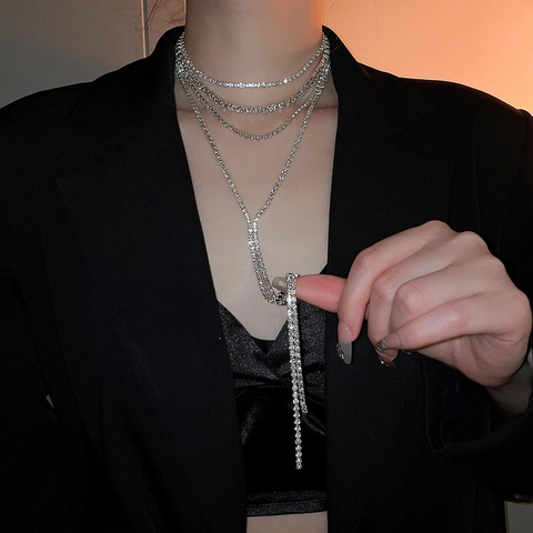 Multi Layer Rhinestone Quaste Halskette Legierung Luxus Choker Abendparty Fransen Mode Schmuck Für Frauen