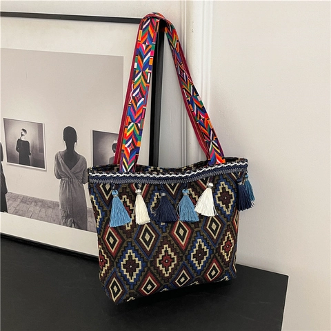 Ethnische Böhmische Gewebte Tragetasche Stoff Bunte Geometrische Quaste Schulterhandtasche Lässig Sommer Mode Damen
