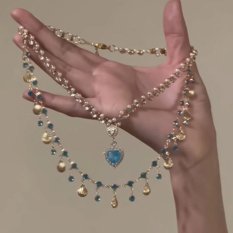 Collana Pendente Lega Rame Strass Perla Artificial Perline Multistrato Goccia D'acqua Cuore Farfalla Conchiglia Vintage Lusso Regalo Per Donne