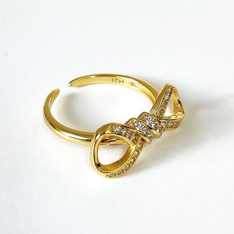 925 Sterling Silber Bogen Ring 18K Vergoldet Zirkon Verstellbare Öffnung Minimalistischer Eleganter Schmuck Geschenk Damen