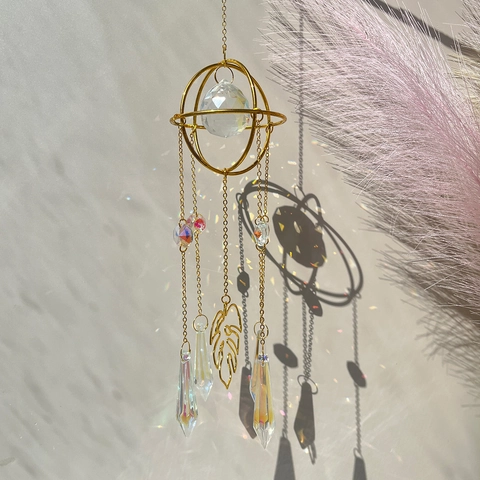 Crystal Suncatcher Prism Metal Leaf Hanging Ornament Rainbow Maker Window Garden Wind Chime Home Decoration