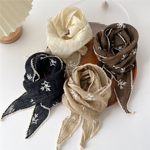 Sciarpa Triangolare in Lino di Cotone Stile Coreano Per Donna Bandana Floreale Con Ricamo in Pizzo Protezione Solare Foulard Decorativo