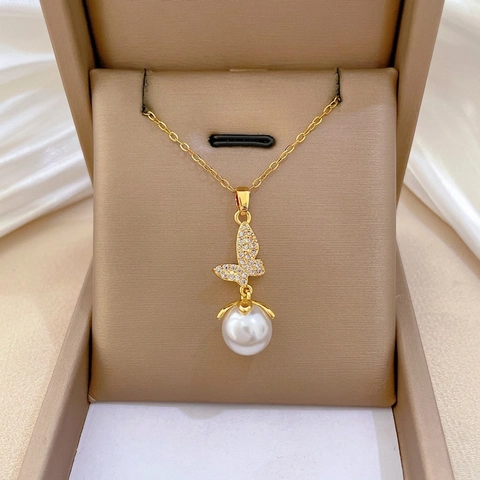 Butterfly Artificial Pearl Pendant Necklace Stainless Steel Chain Copper Rhinestone Luxury Elegant Jewelry For Women