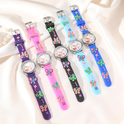 Kids Quartz Watch Butterfly Theme Silicone Strap Alloy Case Analog Display Student Girls Boys Cute Timepiece