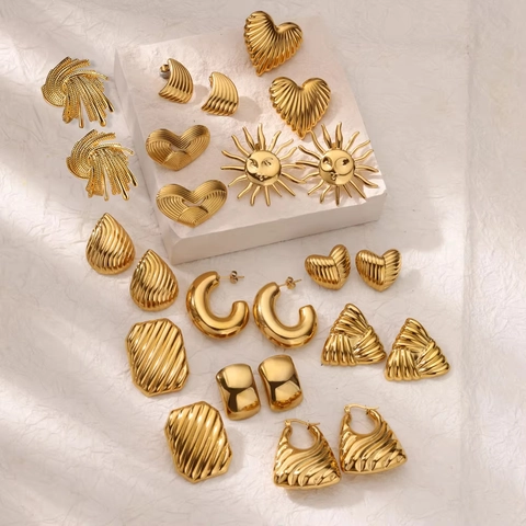 Vintage Stainless Steel Gold Earrings For Women Geometric Heart Sun Face Striped Metal Textured Stud Hoop Jewelry