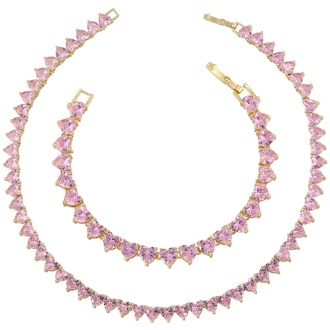 Ensemble Collier Bracelet Coeur Rose Cuivre Micro-incrusté Zircon Strass Bijoux Luxe Tendance Mode Femmes Accessoire