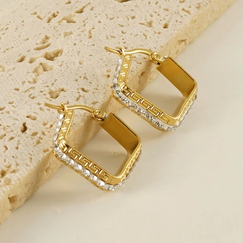 Vierkante Hoop Oorbellen 18K Verguld Roestvrij Staal Zirkoon Grieks Patroon Meander Geometrische Retro Sieraden Dames