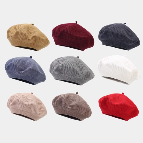 Women Wool Knit Beret Hat Warm Autumn Winter Vintage Solid Color Painter Hat Elegant French Chic Ribbed Cap