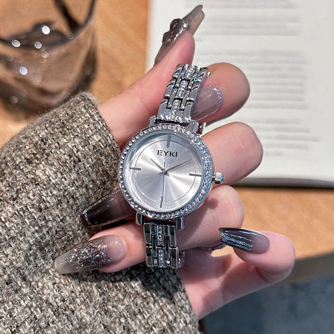 Ladies Elegant Quartz Wristwatch Rhinestone Bezel Alloy Metal Strap Sunray Pattern Dial Three Hand Analog Watch