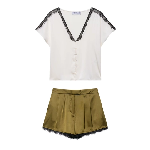 Set Camicia E Pantaloncini In Raso Da Donna Bordo In Pizzo Scollo A V Manica Corta Casual Loungewear Elegante