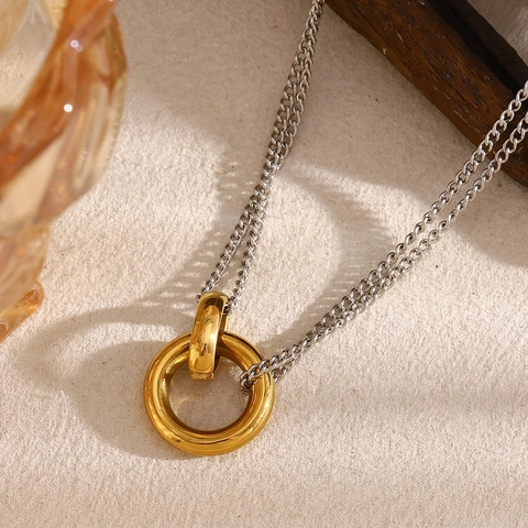 Minimalist Two-Tone Stainless Steel Double Chain Necklace With Interlocking Double Rings 18K Gold Plated Trendy Jewelry Women