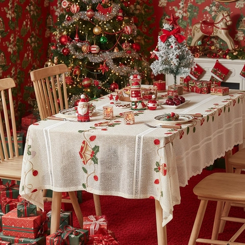 Embroidered Christmas Tablecloth Lace Rectangular Dining Table Cover Holiday Decoration Festive American Style Polyester