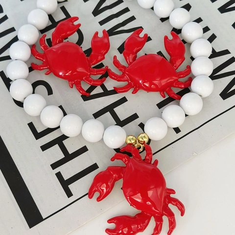 Collana con Pendente a Granchio Rosso e Orecchini Stile Spiaggia Oceano Esagerati in Lega e Smalto con Perle Artificiali