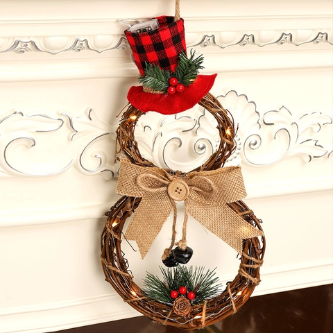 Christmas Wreath LED Hanging Ornament Rattan Snowman Tree Shape Burlap Bow Pine Cone Berry Festive Home Door Decor