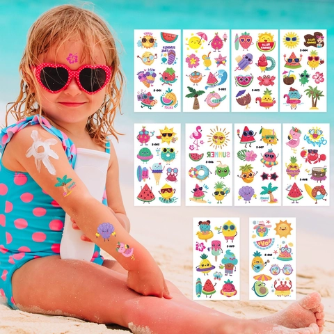 Glitzer Temporäre Tattoos Für Kinder Wasserfest Cartoon Sommer Thema Meerjungfrau Dinosaurier Hawaii Party