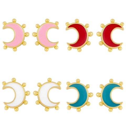 Moon Crescent Stud Earrings 18K Gold Plated Copper Colorful Enamel Bead Edge Bohemian Vintage Ethnic Style Women Jewelry