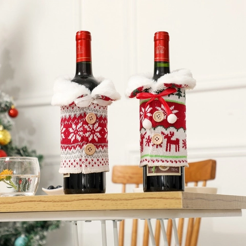 Copribottiglia Di Vino Di Natale In Maglia Acrilica Collo In Pelliccia Sintetica Motivo Fiocco Di Neve Renna Decorazione