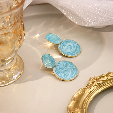 Pendientes Vintage Redondos Geométricos de Goteo de Aceite para Mujer Macarrón Textura de Mármol Esmalte Oro Aleación Doble Círculo