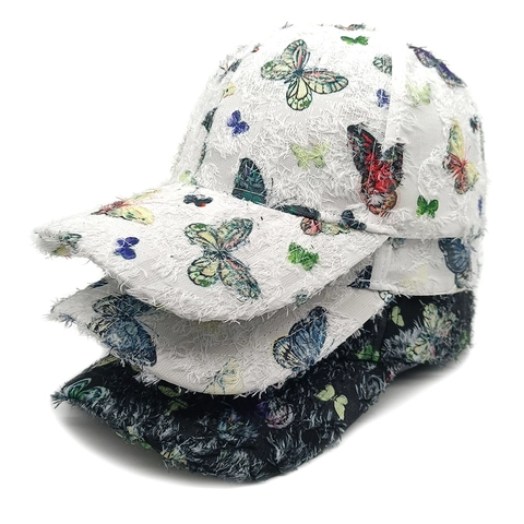 Butterfly Print Baseball Cap Distressed Frayed Edge Polyester Adjustable Sun Protection Hat Women Streetwear