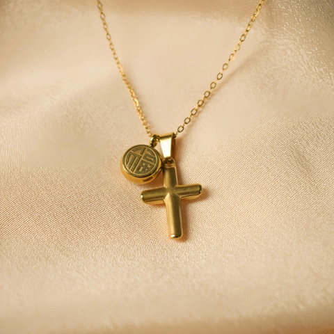 Kreuz Anhänger Halskette Mit Rundem Fu Zeichen Katzenauge Stein Edelstahl Vergoldet Retro Schmuck Für Damen