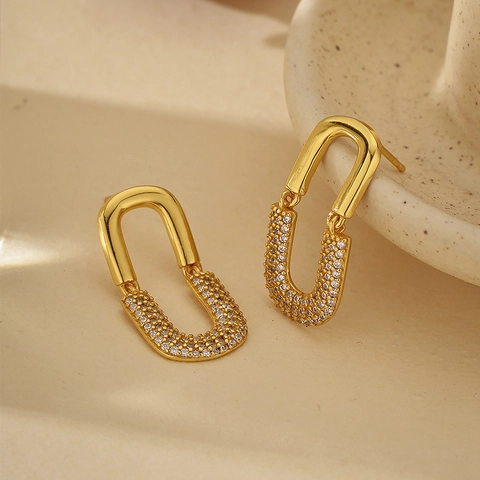 Pendientes En Forma De U De Plata De Ley 925 Chapados En Oro De 18K Con Circonita Blanca Joyería Geométrica