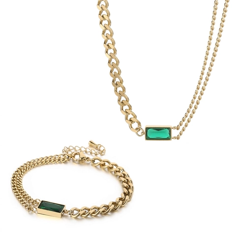 Stainless Steel Necklace And Bracelet Women Asymmetric Cuban Link With Rectangular Emerald Green Gemstone Pendant Luxury