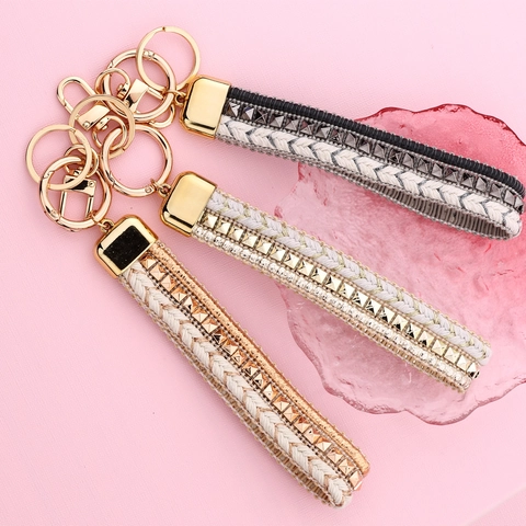 Hand-Woven Fabric Wrist Strap Keychain Gold Edged Rivet Studded Anti-Lost Phone Lanyard Bag Pendant INS Nordic Jewelry Gift