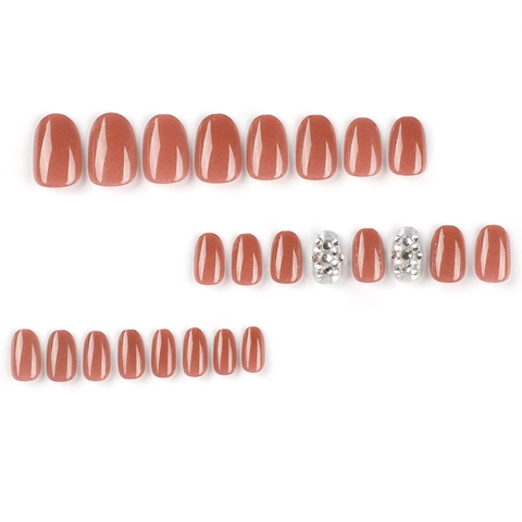 Press On Nails Brick Red Glitter Silver Rhinestone Oval Short Artificial Fake Nails For Daily Wear