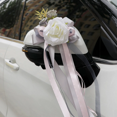 Artificial Rose Flower Wedding Car Decoration Ribbons For Rearview Mirror Door Handle Romantic Elegant Marriage Party Decor