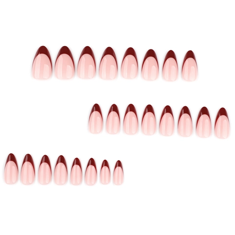 Press On Nails Franse Stijl Wijnrode Tips Amandelvorm Glanzend Plastic Kunstnagels Voor Dames