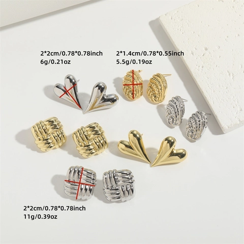 French Retro Heart Stud Earrings Copper Gold Silver Plated Woven Knot Spiral Texture Fashion Jewelry For Women