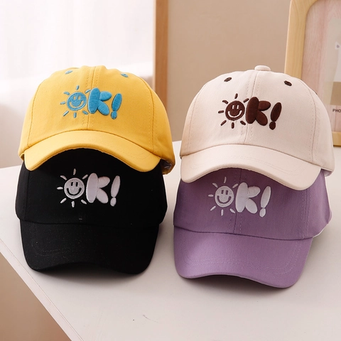 Kids Baseball Cap Cotton Sun Protection Breathable Embroidery Sun Smile OK Pattern Toddler Boys Girls Hat