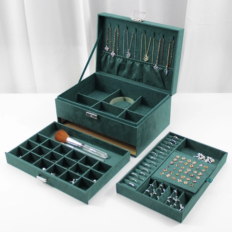 Jewelry Organizer Box Velvet Multi Layers Lockable Retro Case For Earrings Rings Necklaces Storage Large Capacity