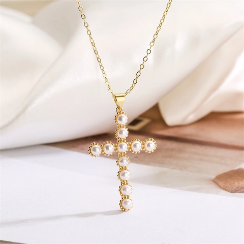 Elegant Copper Zirconia Artificial Pearl Cross Pendant Necklace Gold Plated Luxury Religious Jewelry For Women Daily Party Accessories
