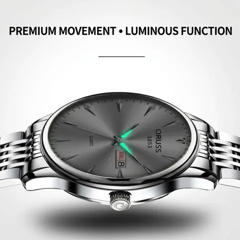 Men Quartz Watch Stainless Steel Band Waterproof Luminous Date Weekday Display Business Casual Fashion Luxury