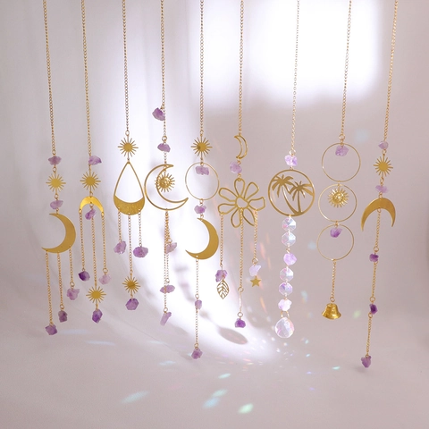Crystal Suncatcher Moon Sun Star Amethyst Stones Gold Metal Window Hanging Decor Bohemian Prism Rainbow Maker