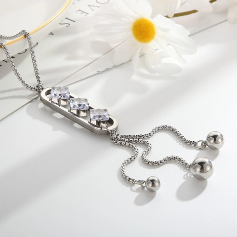 Long Tassel Necklace Stainless Steel Zircon Crystal Geometric Pendant Elegant Clavicle Sweater Chain For Women