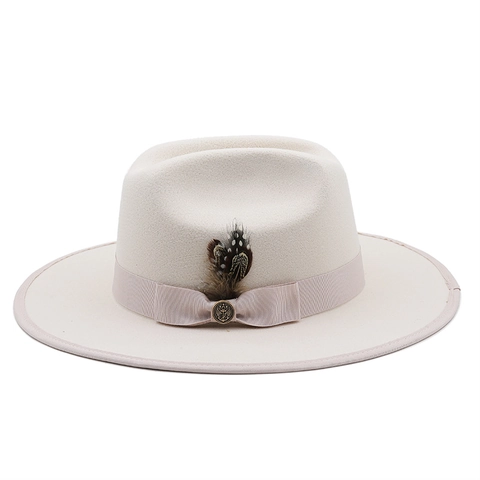 Vintage Wool Felt Fedora Hat Wide Brim With Feather And Ribbon Decor Elegant Unisex Jazz Cap