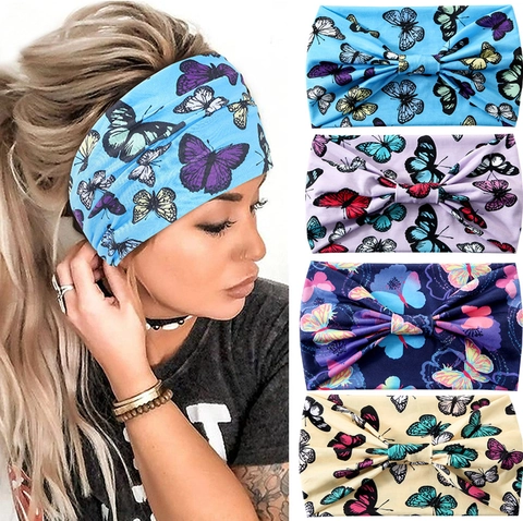 Bandeau Large Noué Imprimé Papillon Polyester Élasthanne Bandeau Cheveux Élastique Femmes Sport Yoga Style Bohème Vintage