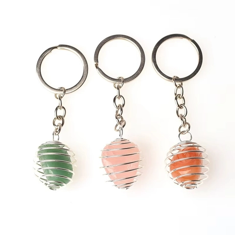 Llavero de Jaula de Metal en Espiral de Piedra Pulida Natural Cristal Amatista Cuarzo Rosa Anillo de Llave para Mujeres Hombres Joyería Regalo