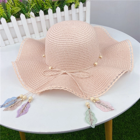 Cappello Di Paglia Da Donna Cappello Da Sole Tesa Larga Ondulata Pizzo Fiocco Perline Legno Pendenti Foglia Ricamo