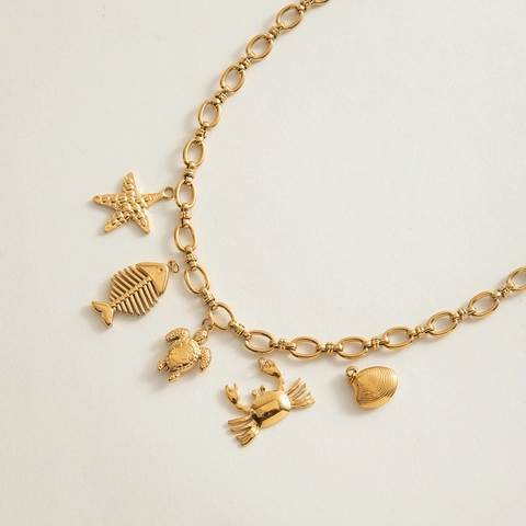 Stainless Steel Necklace 18K Gold Plated Marine Charm Starfish Turtle Shell Fishbone Crab Handmade Chain For Women