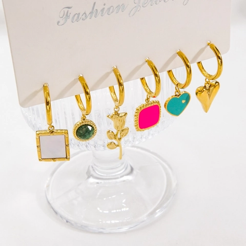 Stainless Steel Hoop Earrings With Natural Stone Enamel Zircon Pendants Bohemian Ins Style For Women Lightweight Luxury