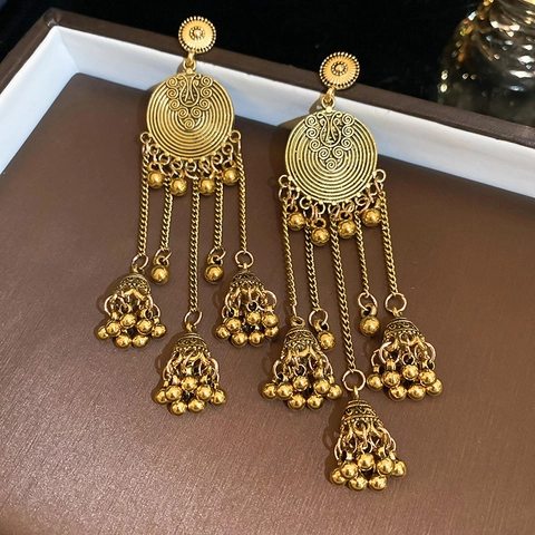 Vintage Ethnic Round Disk Tassel Earrings Alloy Jhumka Bell Bohemian Style Jewelry With Silver Earring Post For Women
