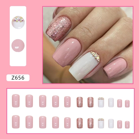 Medium Length European Square Press On Nails Pink White Ombre With Glitter And Rhinestones Fashion Artificial Nails For Women
